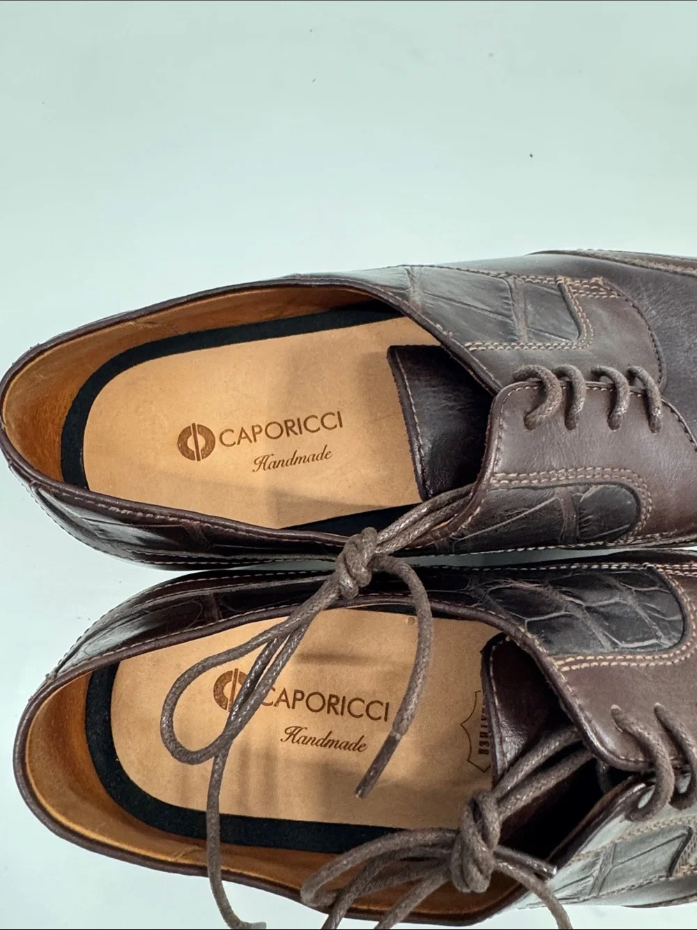Caporicci real genuine, alligator trim Lace-Up Wingtip Derby - Dark Brown